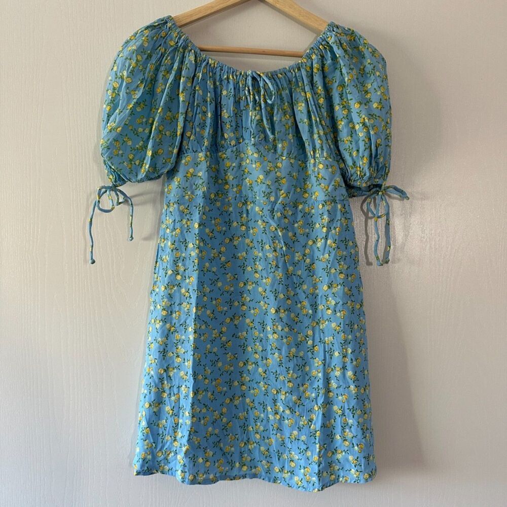 Faithfull the Brand Thea Floral Puff Sleeve Smock Mini Dress Blue Sz 4 Small NWT